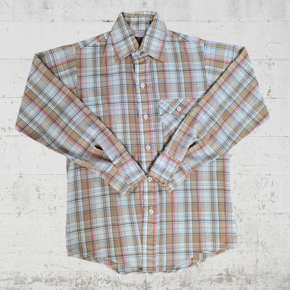 70s Vintage Levi's Tan Plaid Retro Casual Classic Button Down Shirt Size XS - Picture 1 of 8